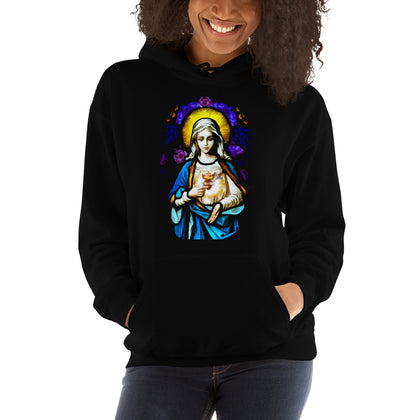 Mary Flaming Heart Black Unisex Hooded Sweatshirt