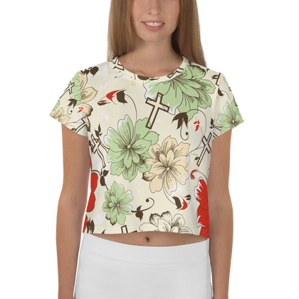 Floral Cross Ladies Crop Tee