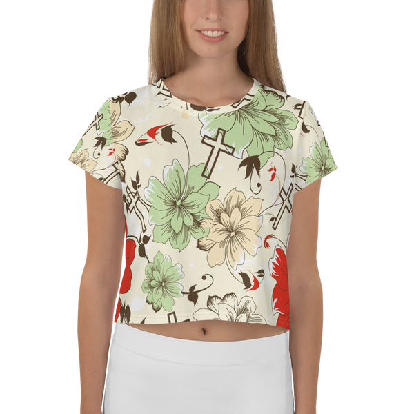 Floral Cross Ladies Crop Tee